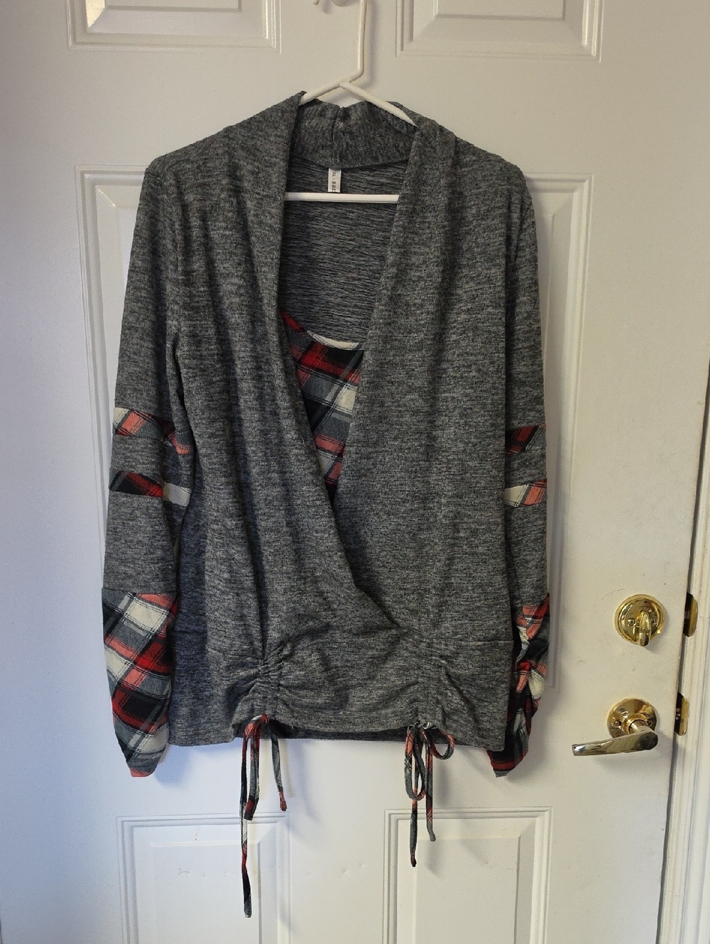 Gray Knit Wrap Sweater with Red Plaid Trim
